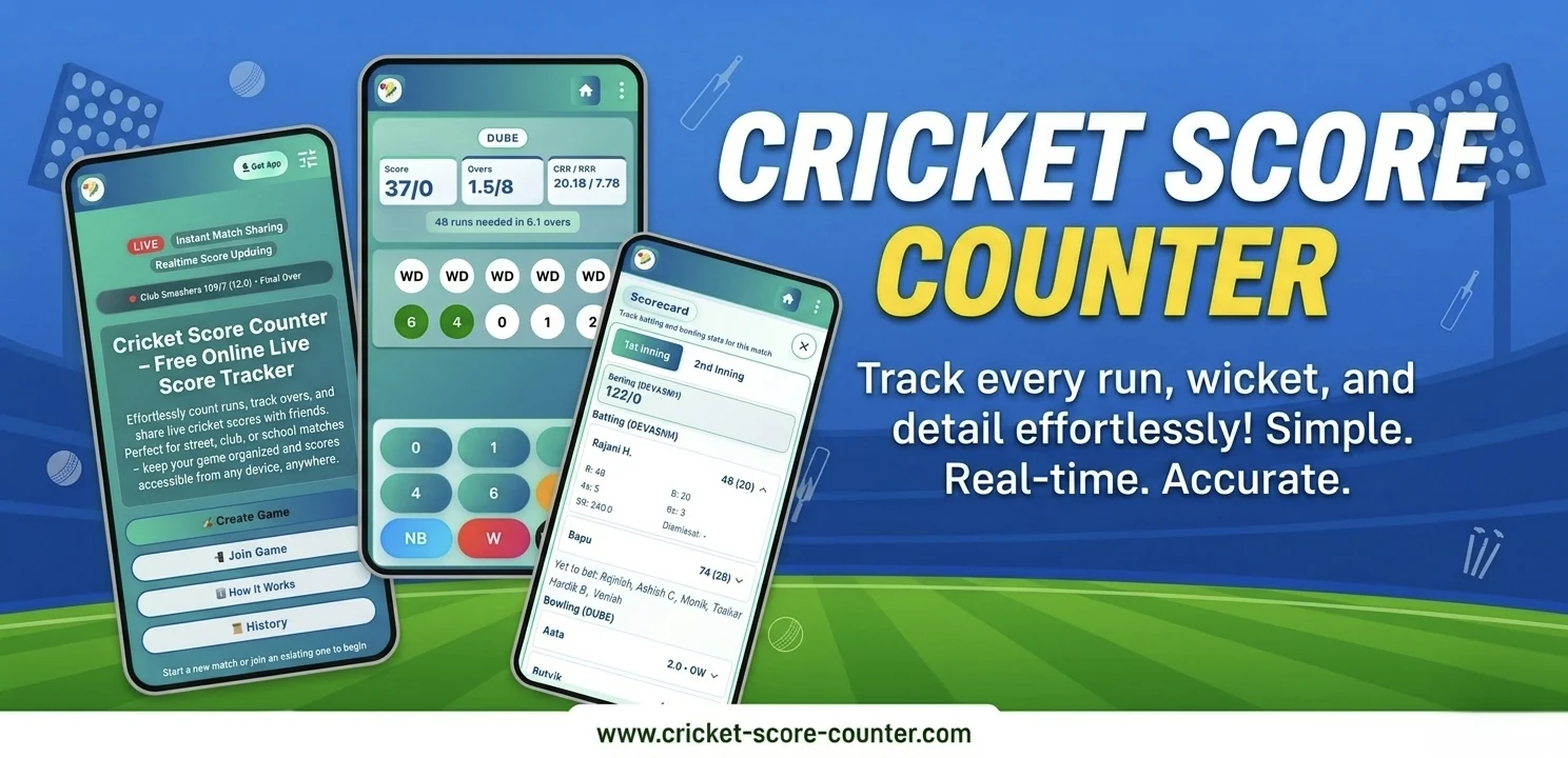 Cricket Score Counter app banner showing live scoring, scorecard, and match tracking screens.